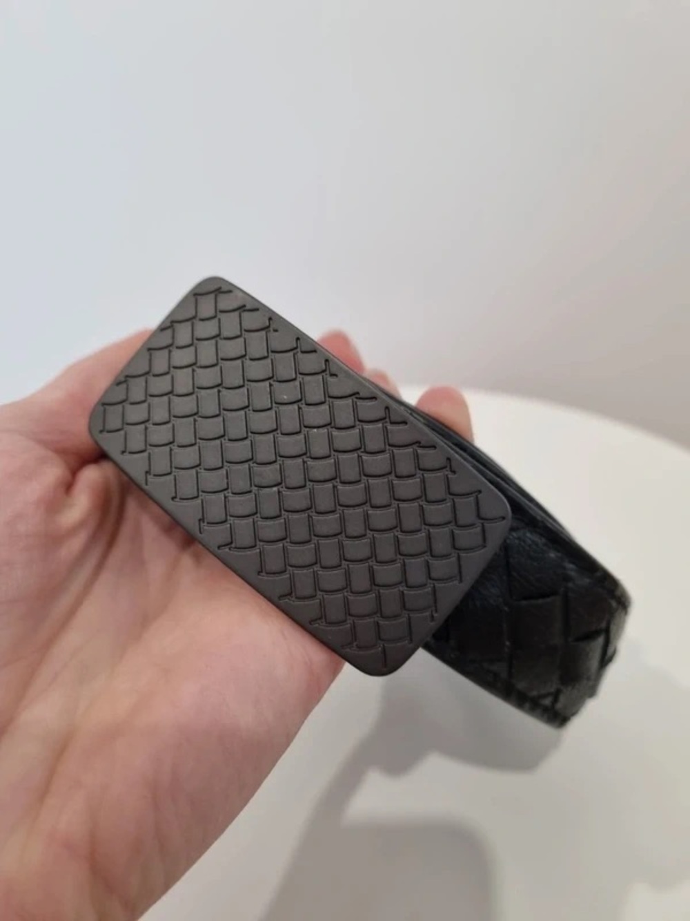 Bottega Veneta Black Woven Leather Belt with Textured Black Buckle in 34